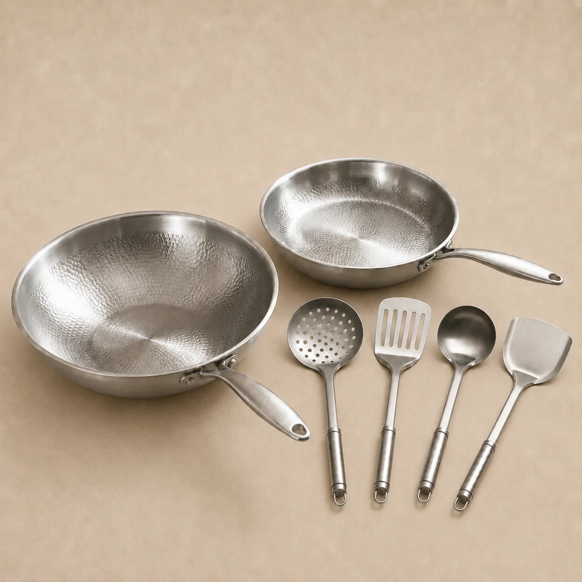 Pure Titanium Hammered Wok & Pan Set with Utensils
