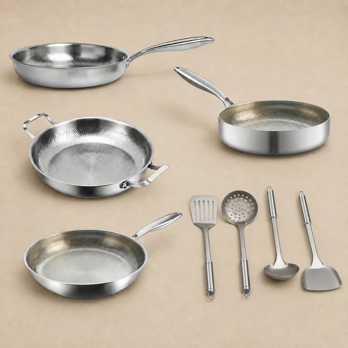 Pure Titanium Hammered Family Set (4 Pans + Utensils)