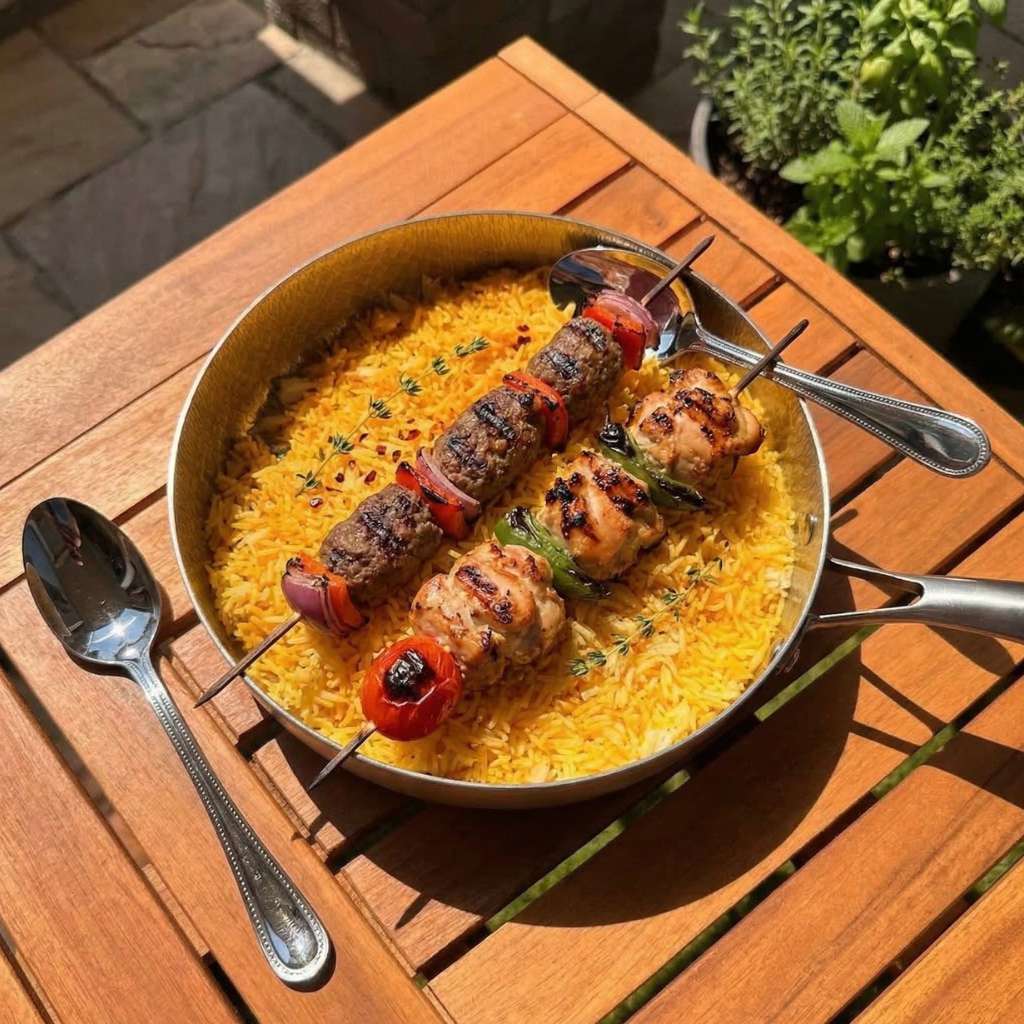 Saffron Rice with Grilled Kebab Skewers