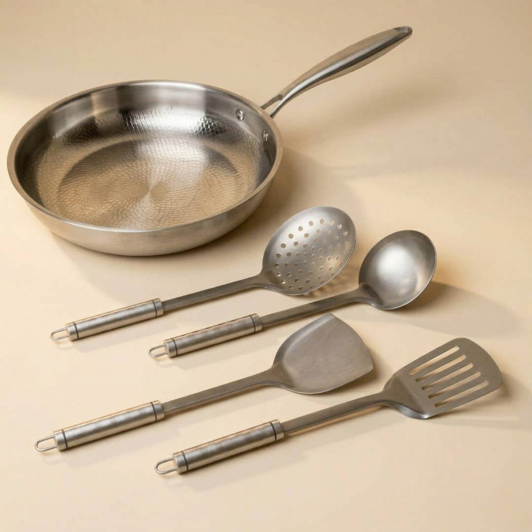 Pure Titanium Hammered Pan & Utensil Set