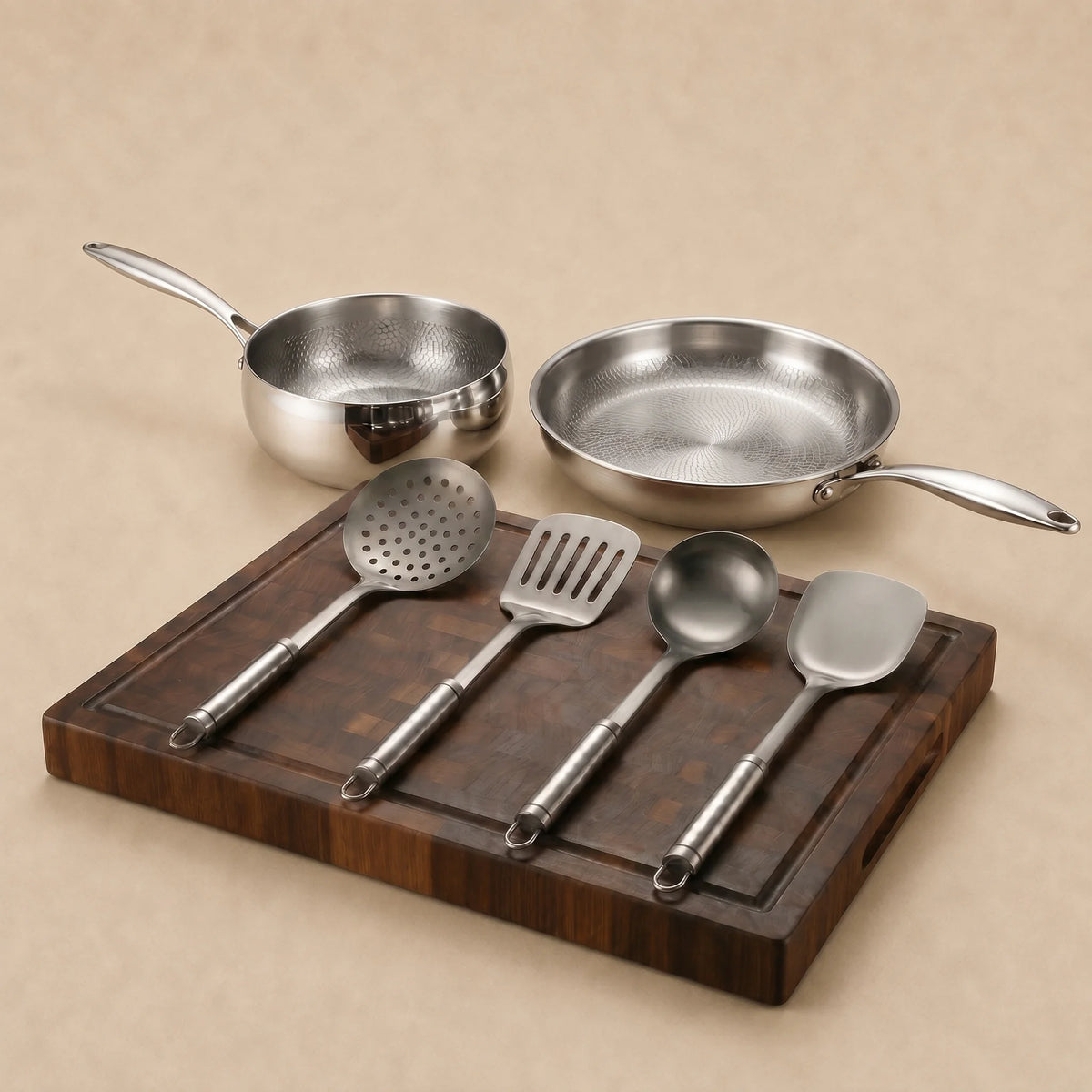 Pure Titanium Hammered Pan & Sauté Set with Walnut Board